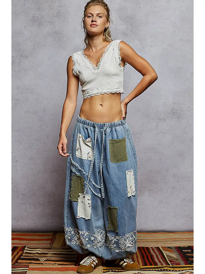 Vintage Washing Floral Pattern Double Gauze Lace Jogger Pant