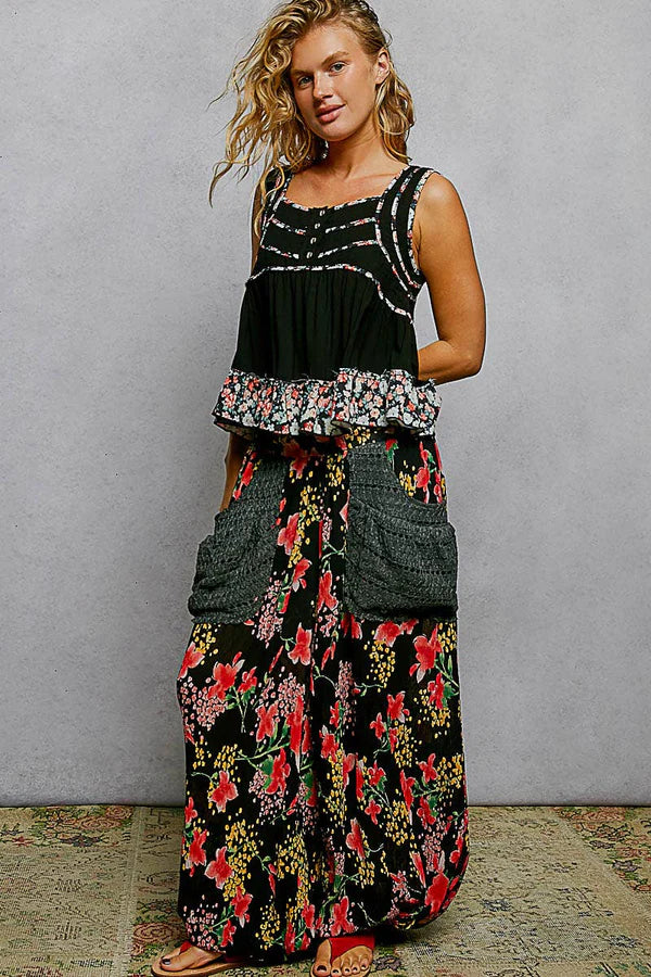 Square Neck Jersey Floral Trim Boho Tank Top - Pale Sky