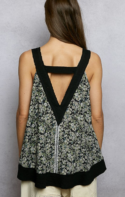Floral V-Neck Flowy Top with Front Pocket - Black