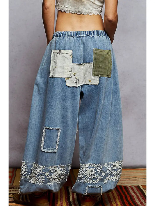Vintage Washing Floral Pattern Double Gauze Lace Jogger Pant
