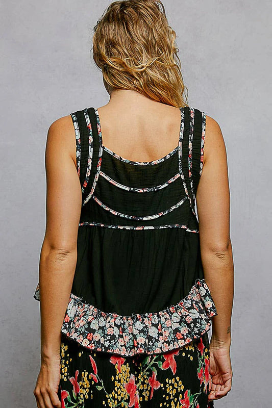 Square Neck Jersey Floral Trim Boho Tank Top - Black