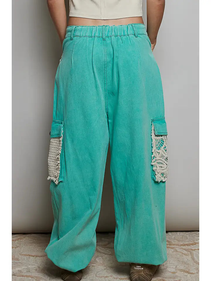 Vintage Wash Crochet Patches Distress Jogger Pants
