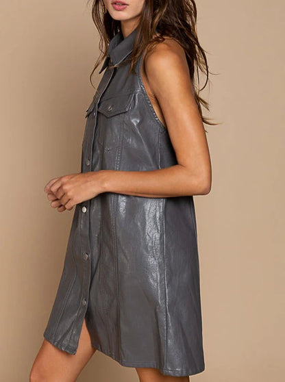 Gray Halter Button-Down Dress‎