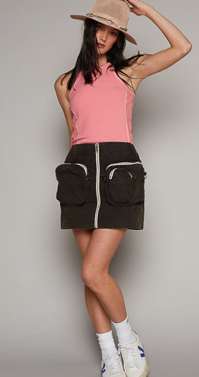 Cotton Cargo Utility Mini Skirt with Zip Pockets - Olive