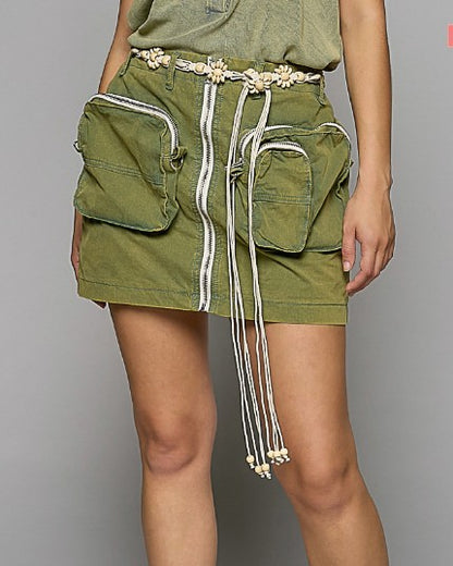 Cotton Cargo Utility Mini Skirt with Zip Pockets - Olive