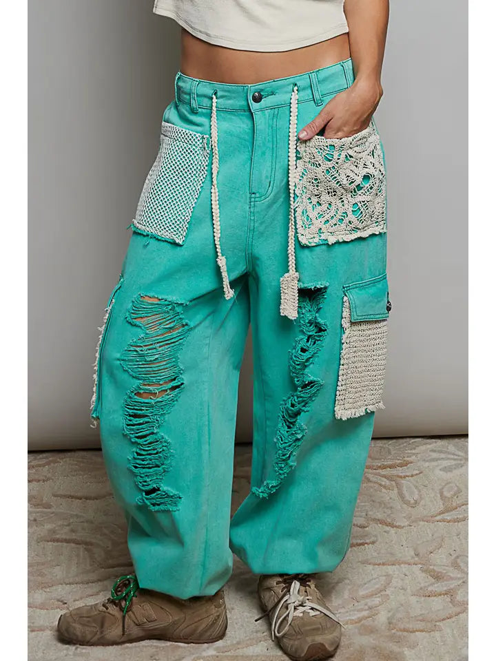 Vintage Wash Crochet Patches Distress Jogger Pants