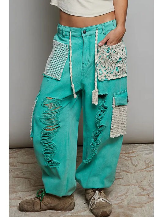 Vintage Wash Crochet Patches Distress Jogger Pants