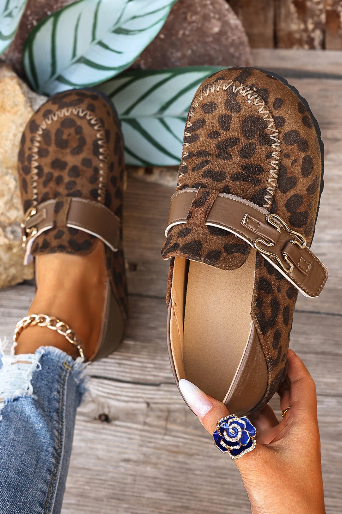 Coffee Faux Suede PU Leather Patchwork Retro Buckle Slip On Shoes