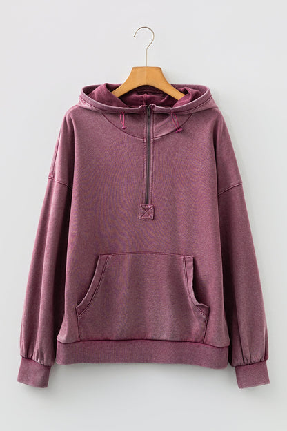 Black Half Zip Kangaroo Pocket Mineral Wash Baggy Hoodie