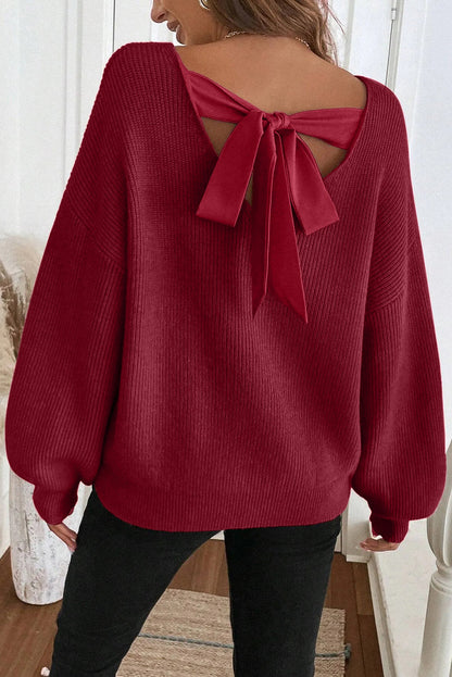 Jet Stream Ribbed Knit Ribbon Knot Backless Drop Shoulder Sweater
