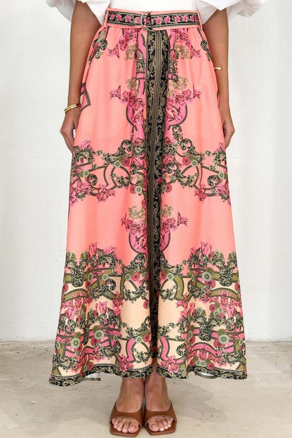 Pink Boho Abstract Print Beltd High Waist Skirt