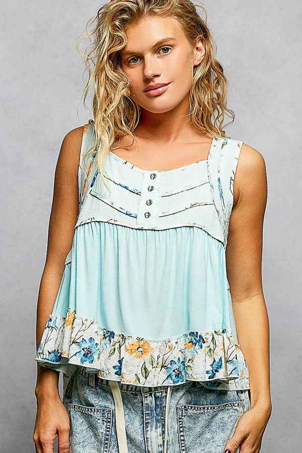 Square Neck Jersey Floral Trim Boho Tank Top - Pale Sky