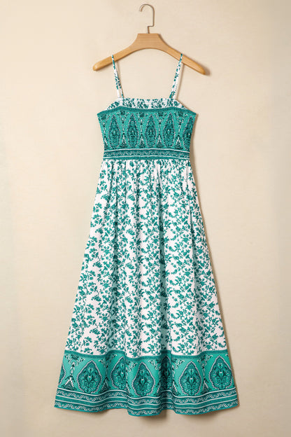 Green Boho Floral Print Shirred Cami Maxi Dress