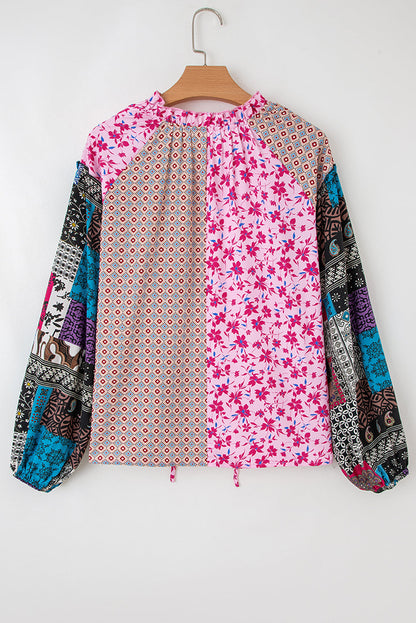 Pink Boho Mixed Floral Patchwork Drop Shoulder Bubble Sleeve Blouse