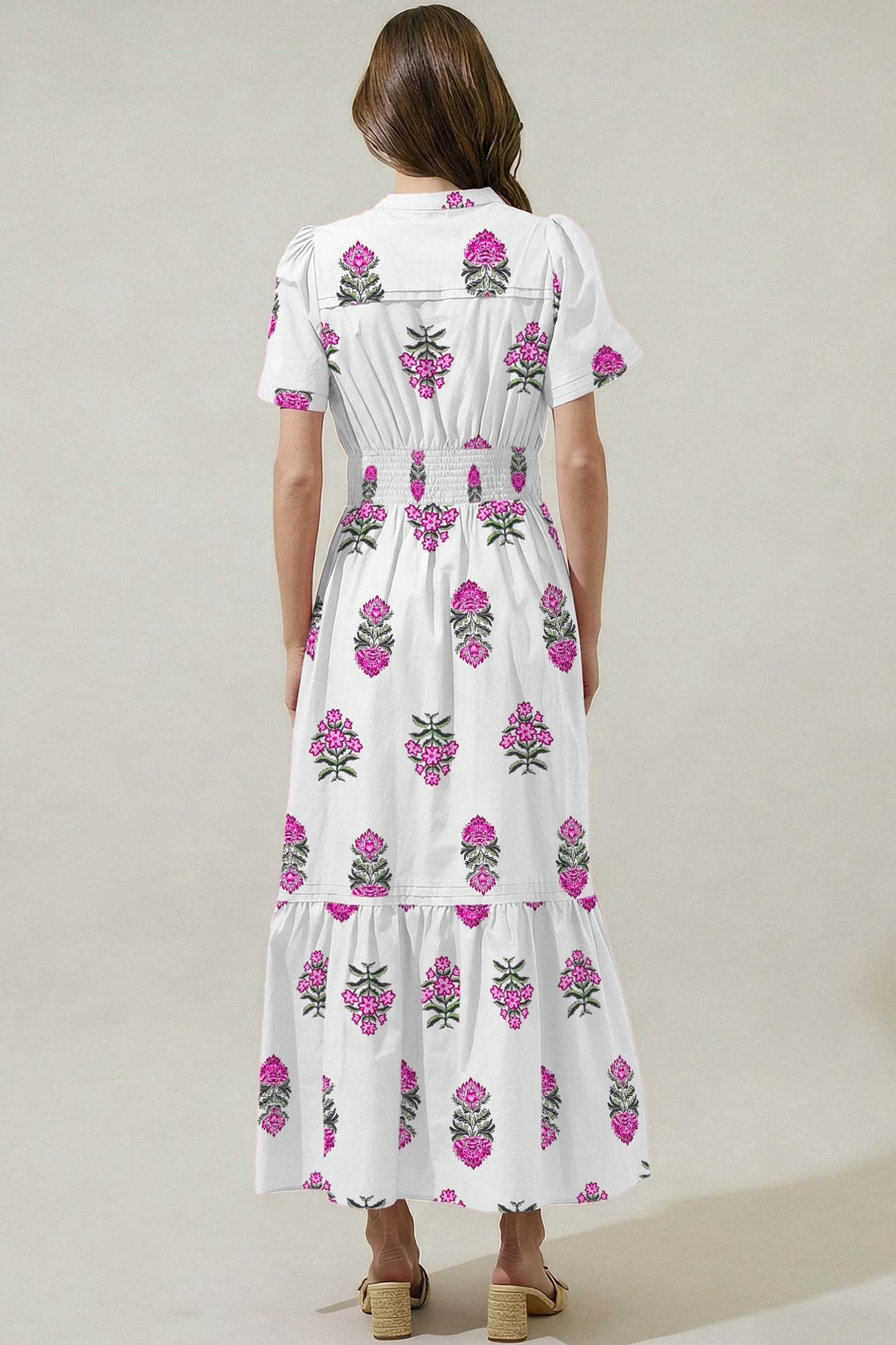 Green Floral Print Split Neck Shirred High Waist Ruffle Hem Maxi Dress
