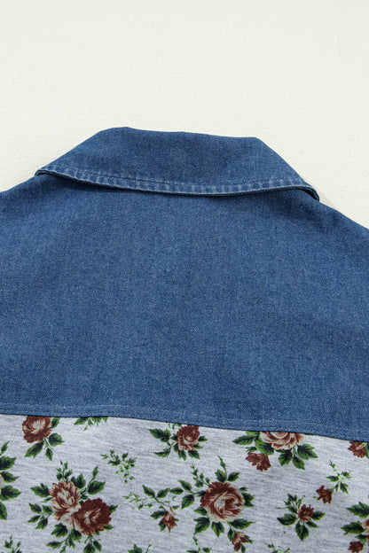 Gray Retro Floral Print Denim Patchwork Buttoned Polo Collar Top