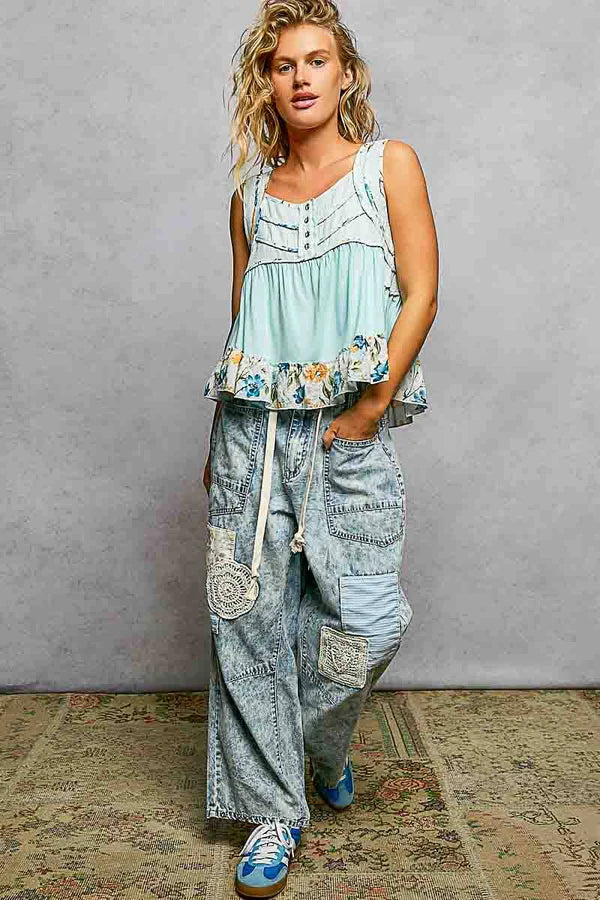 Square Neck Jersey Floral Trim Boho Tank Top - Pale Sky