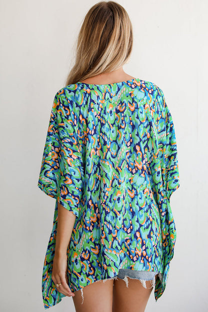 Pink Abstract Print V Neck Half Sleeve Loose Fit Tunic Blouse