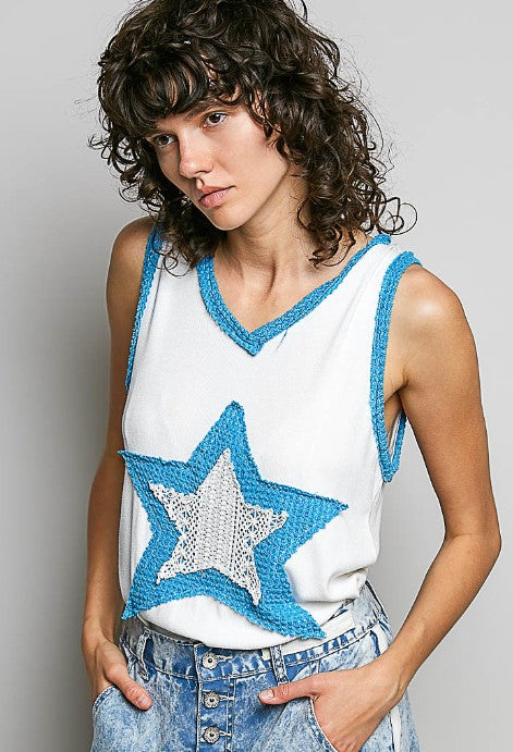 Star Crochet Patch V-Neck Tank Top