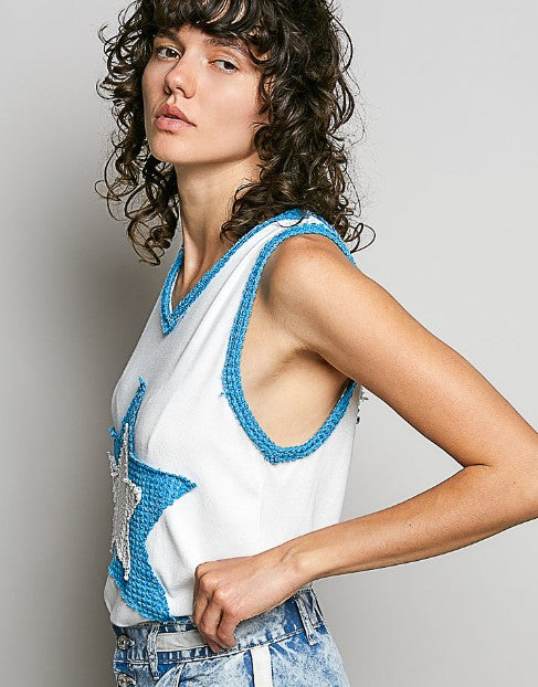 Star Crochet Patch V-Neck Tank Top