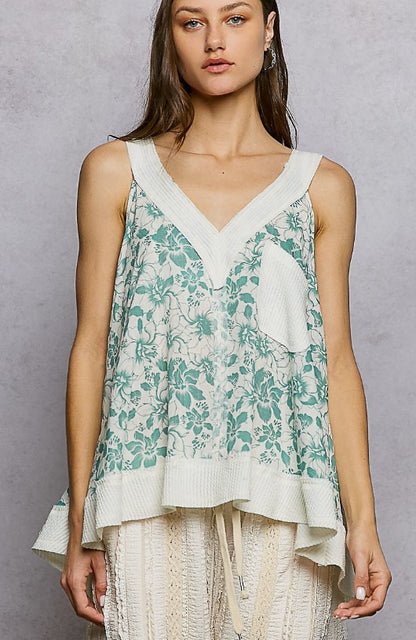 Floral V-Neck Flowy Top with Front Pocket - Black
