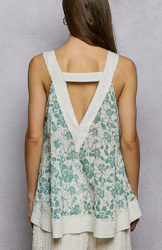 Floral V-Neck Flowy Top with Front Pocket - Sage