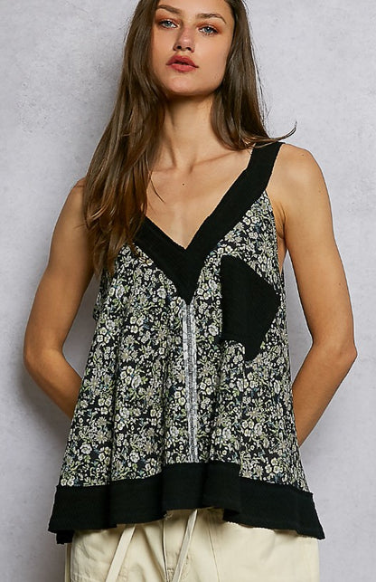 Floral V-Neck Flowy Top with Front Pocket - Black