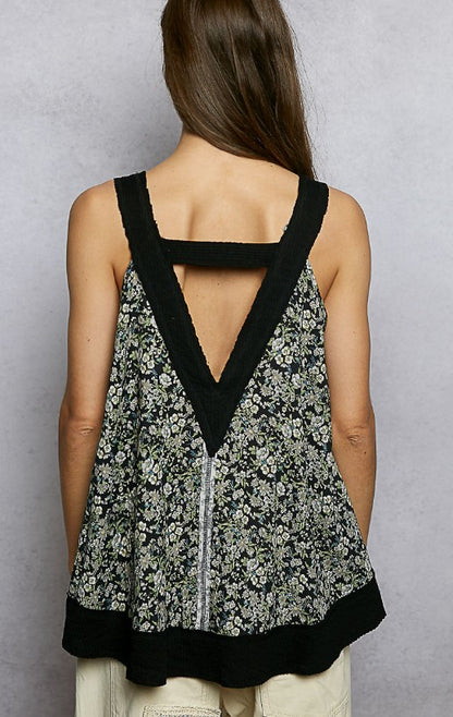 Floral V-Neck Flowy Top with Front Pocket - Black