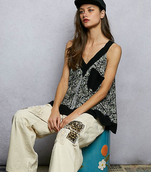 Floral V-Neck Flowy Top with Front Pocket - Black