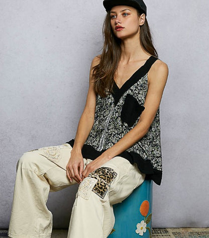 Floral V-Neck Flowy Top with Front Pocket - Black