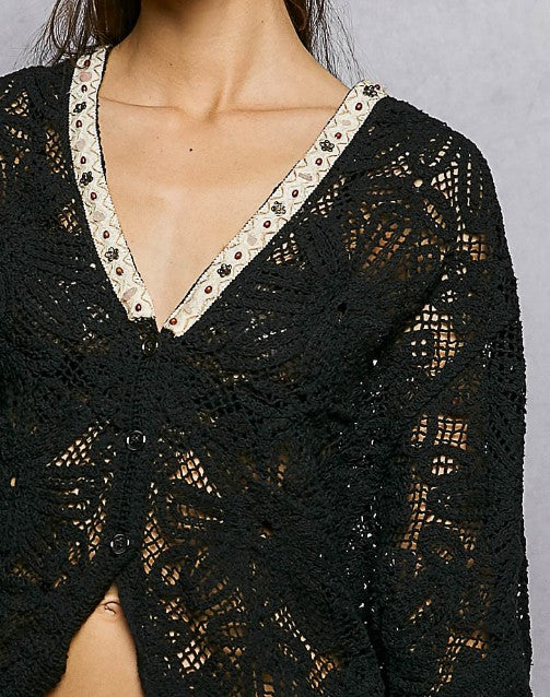 Elegant Crochet Cardigan - Black