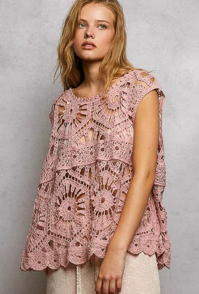 Floral Crochet Top In Rose Pink