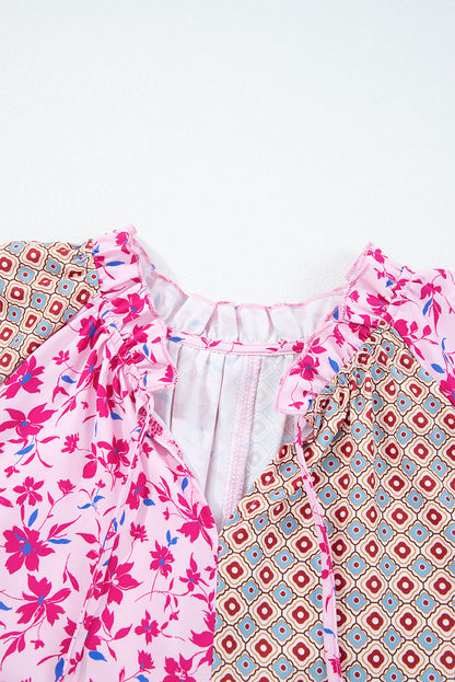 Pink Boho Mixed Floral Patchwork Drop Shoulder Bubble Sleeve Blouse
