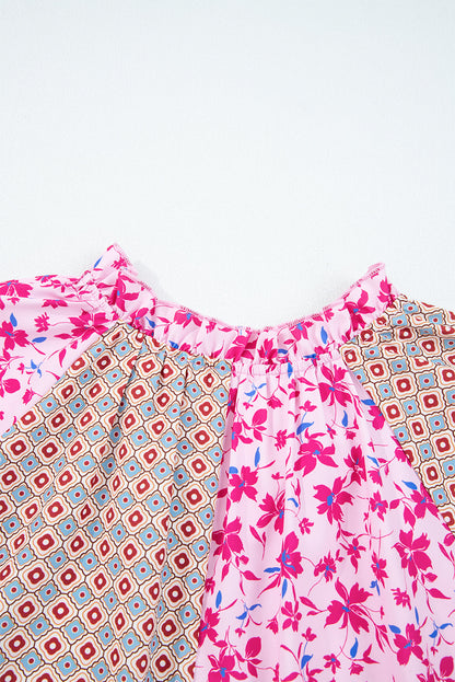 Pink Boho Mixed Floral Patchwork Drop Shoulder Bubble Sleeve Blouse