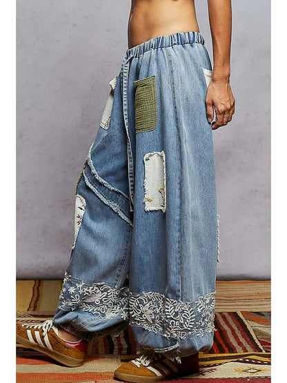 Vintage Washing Floral Pattern Double Gauze Lace Jogger Pant