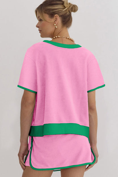 Black Colorblock Edge Drop Shoulder T Shirt and Skort 2Pcs Set