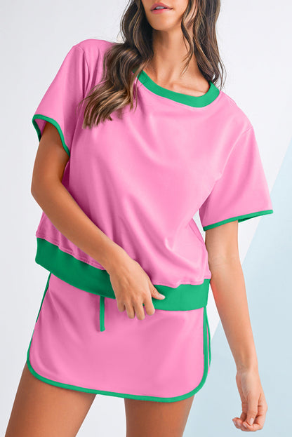 Black Colorblock Edge Drop Shoulder T Shirt and Skort 2Pcs Set