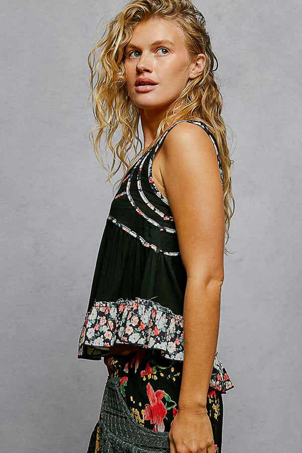 Square Neck Jersey Floral Trim Boho Tank Top - Pale Sky