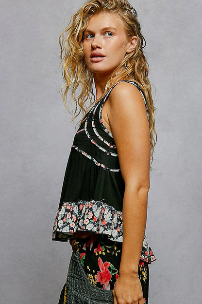 Square Neck Jersey Floral Trim Boho Tank Top - Pale Sky