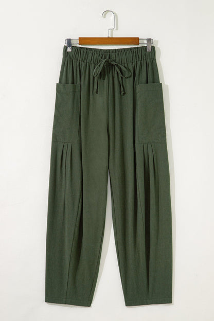 Jungle Green Drawstring Elastic Waist Patch Pocket Barrel Leg Casual Pants