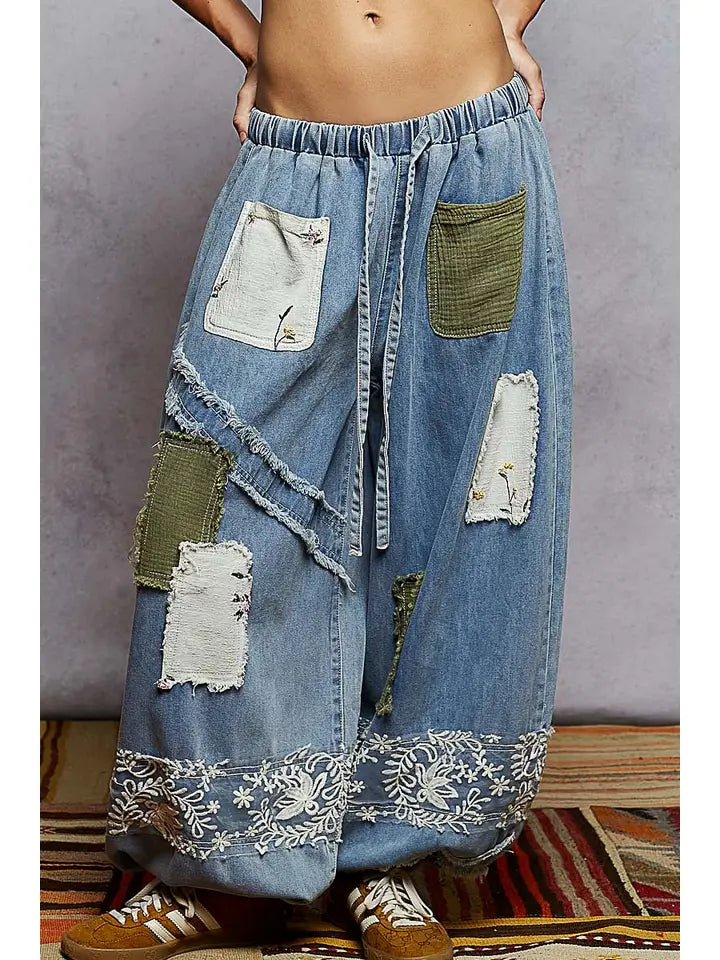 Vintage Washing Floral Pattern Double Gauze Lace Jogger Pant