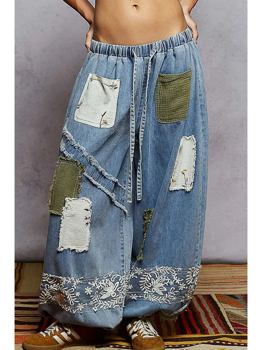 Vintage Washing Floral Pattern Double Gauze Lace Jogger Pant